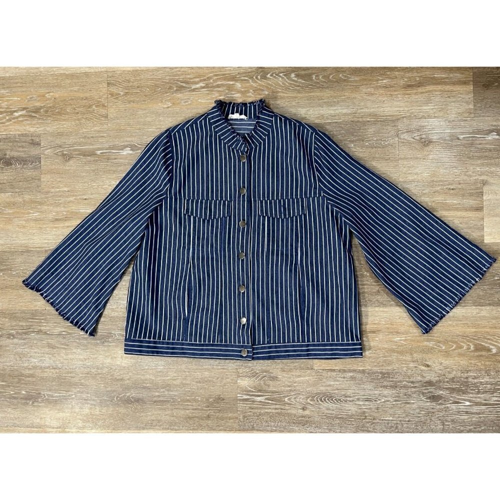 Easel Sz S Blue White Chambray Denim Railroad Striped Bell Sleeve Frayed Jacket